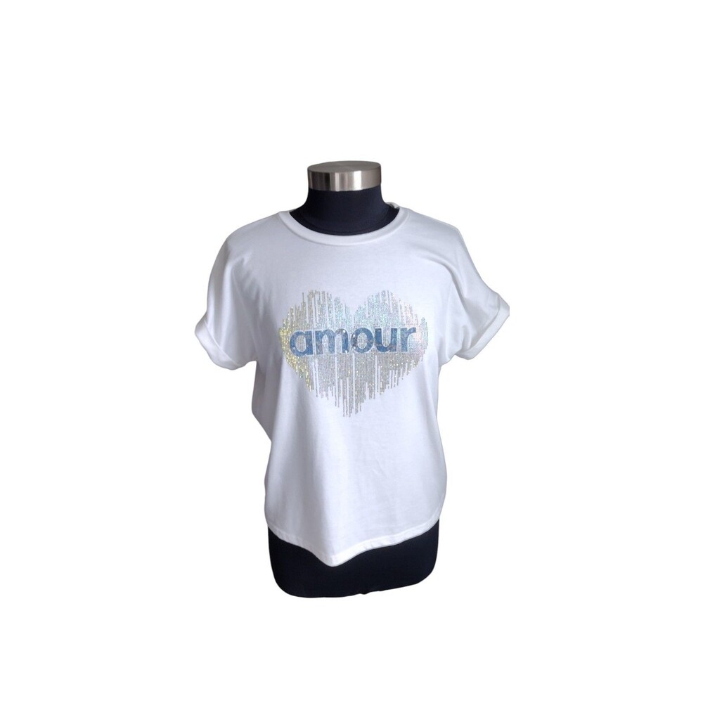 OnTwelfth Women's Large Amour Sequin Rhinestone Graphic Heart T-Shirt White